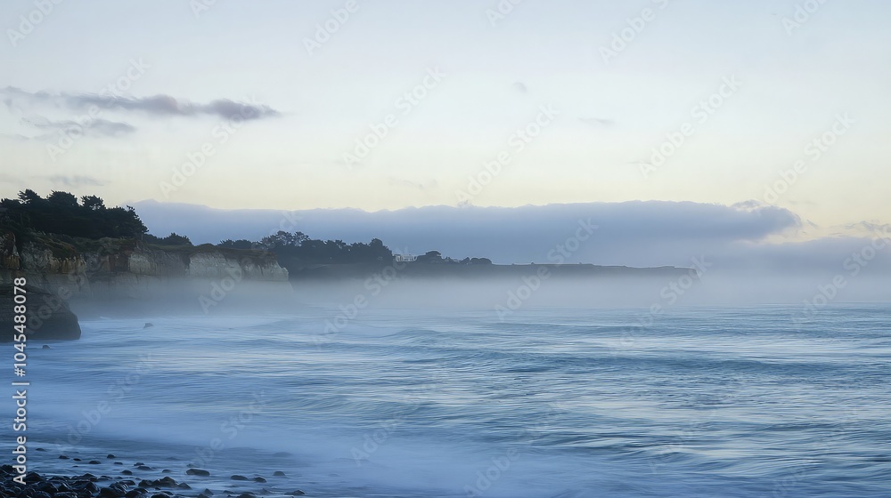 Obraz premium A misty dawn breaks over a rocky coastline, with the ocean stretching out in the distance.
