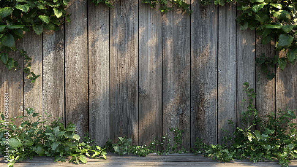 Obraz premium Rustic Wooden Planks with Garden Greens: A Photorealistic Backdrop
