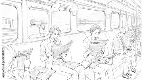 Morning train ride with commuters reading newspapers, Monday morning, daily routine