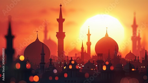 Silhouettes of a mosque and other buildings in a city against a sunset. photo