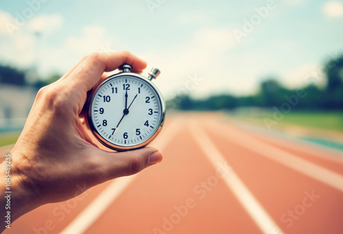 Old Chronometer Man Hand Vintage Style. Time to Run, Hand Hold Stopwatch Over Track