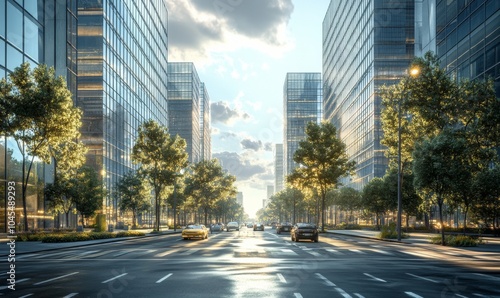 City street lined with modern glass and steel office towers, corporate urban environment, 3D illustration