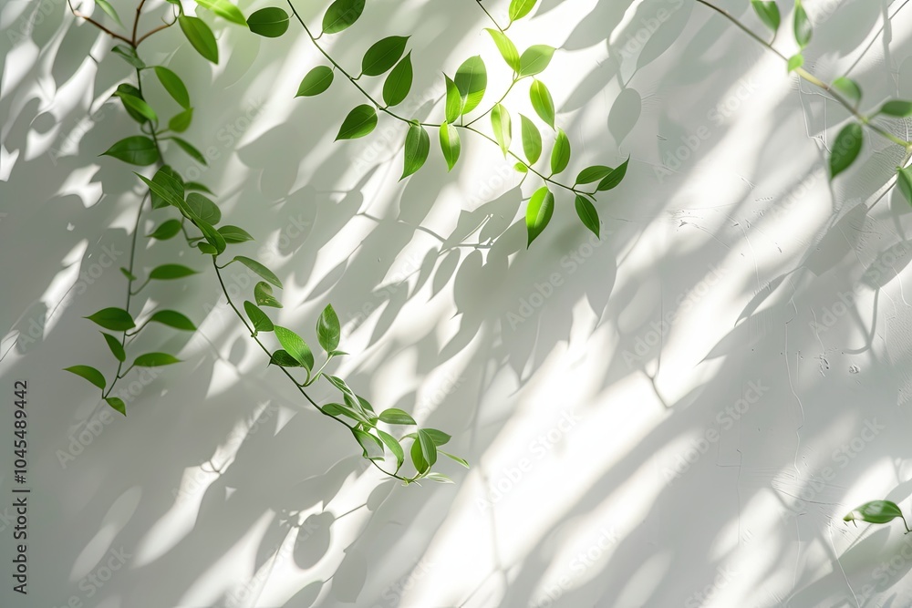 Sunlight casts shadows of green leaves on a white wall. Sunlight casts shadows of green leaves on a white wall.