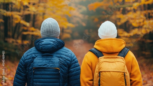 Family hiking in a colorful autumn forest, fallen leaves crunching underfoot, cozy sweaters and warm smiles, embracing the season photo