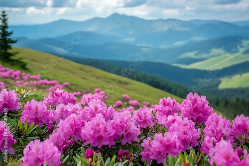 Pink rhododendron flowers in the Carpathian mountains