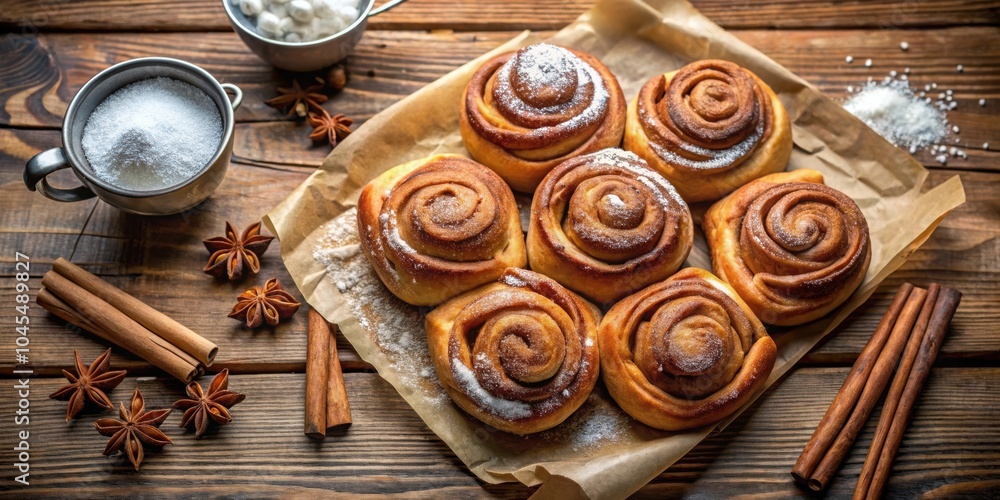 Sweet Cinnamon Rolls with Powdered Sugar on Parchment Paper and Cinnamon Sticks on Wooden Surface Sweet Cinnamon Rolls with Powdered Sugar on Parchment Paper and Cinnamon Sticks on Wooden Surface