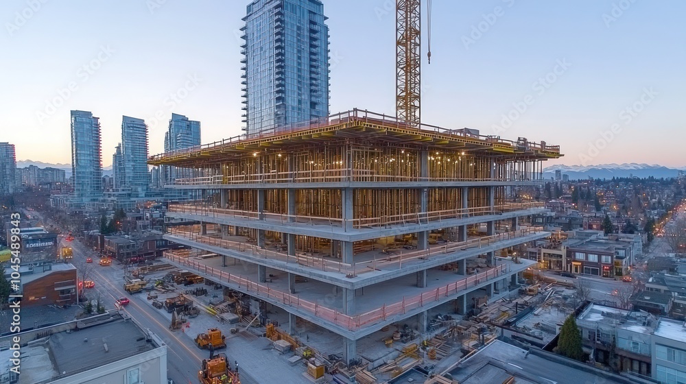 A high-rise building under construction with scaffolding and a crane in the city. A high-rise building under construction with scaffolding and a crane in the city.