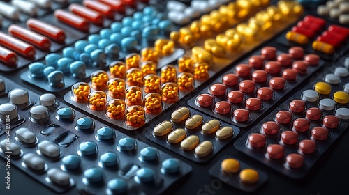 A close-up shot of various colorful pills in blister packs on a black surface.