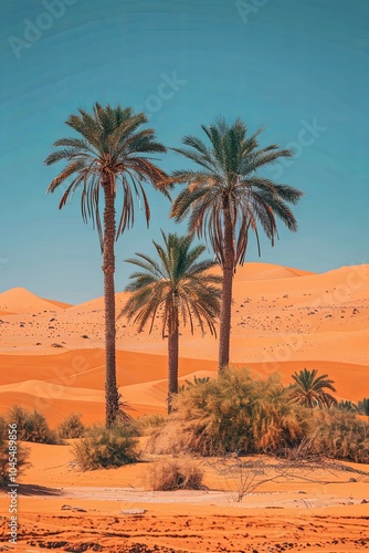 Three palm trees stand tall against a backdrop of rolling sand dunes in a desert landscape.