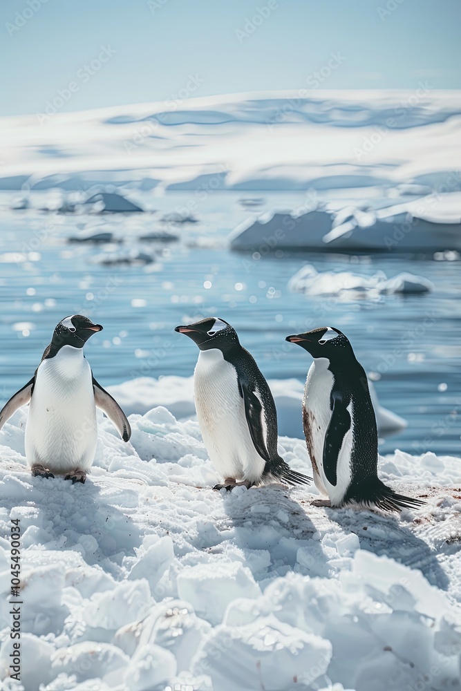 Fototapeta premium Three penguins stand on a snowy shore in Antarctica, looking out at the icy water.