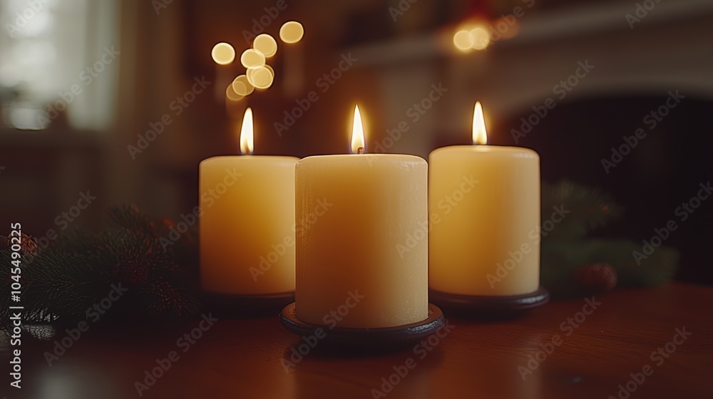 Three softly lit candles placed on a wooden table with festive pine decorations, creating a warm and cozy indoor ambiance. Three softly lit candles placed on a wooden table with festive pine decorations, creating a warm and cozy indoor ambiance.