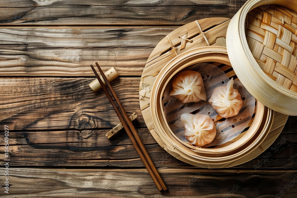 Three steamed dumplings in a bamboo steamer on a wooden table with chopsticks. Three steamed dumplings in a bamboo steamer on a wooden table with chopsticks.