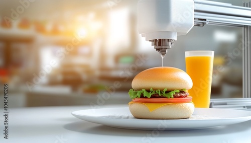 3D Printer Printing a Burger and Drink on a Plate photo