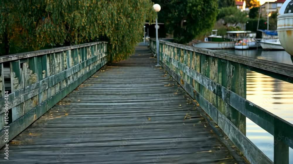 A wooden dock extends out over the water, with boats moored in the distance A wooden dock extends out over the water, with boats moored in the distance