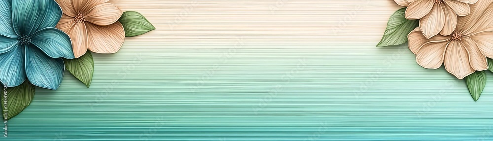 Fototapeta premium Intricate petals from a variety of garden flowers, hand-sketched in detail, arranged to mimic the flow of a light spring breeze, with a natural green and blue gradient background