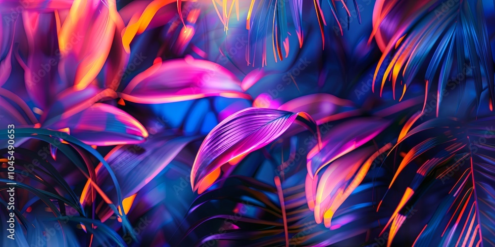 Fototapeta premium Tropical foliage illuminated with vibrant neon lights.