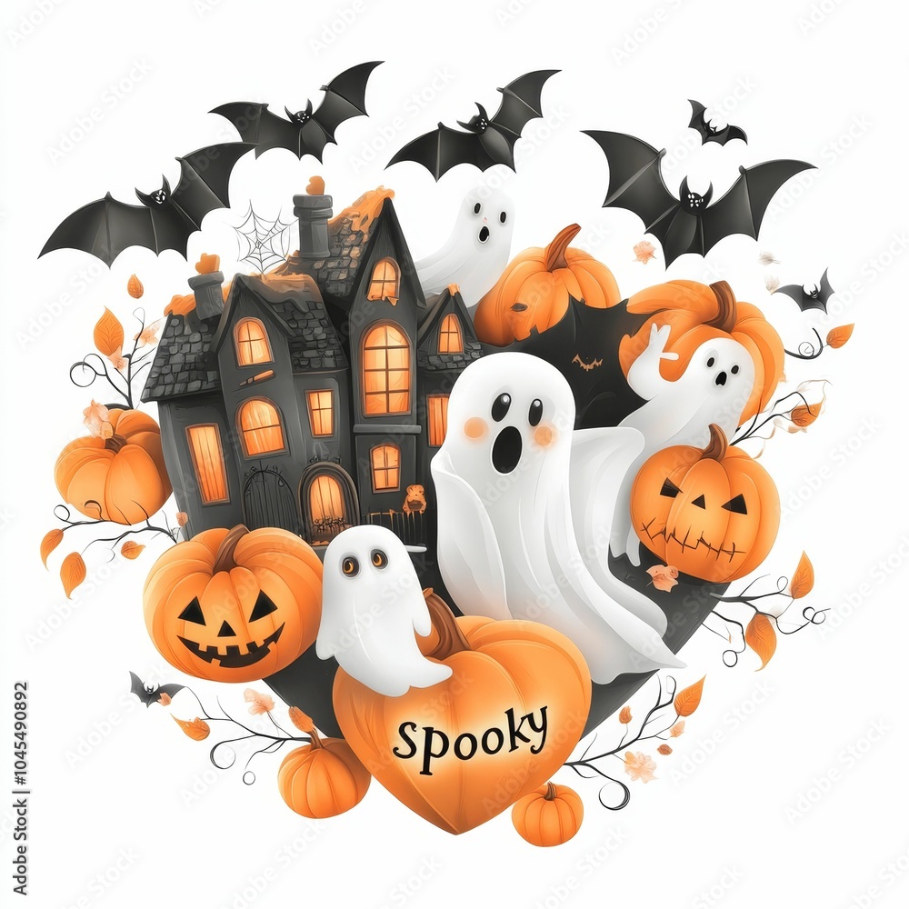 Fototapeta premium A colorful Halloween scene featuring ghosts, pumpkins, bats, and a haunted house, creating a festive and spooky atmosphere.