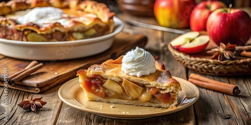 A slice of freshly baked apple pie, topped with a dollop of whipped cream, sits on a rustic wooden table, surrounded by cinnamon sticks and star anise, ready to be enjoyed.