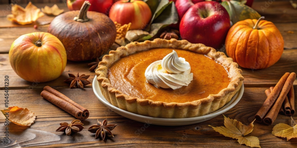 A Delicious Pumpkin Pie Surrounded by Autumnal Accents, Including Pumpkins, Apples, Cinnamon Sticks, and Star Anise A Delicious Pumpkin Pie Surrounded by Autumnal Accents, Including Pumpkins, Apples, Cinnamon Sticks, and Star Anise