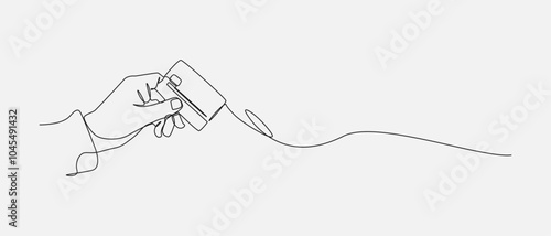 Hand holding credit card in a continuous one line drawing style. Editable line vector illustration.