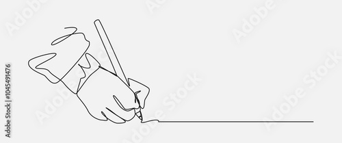 Continuous one line drawing of human hand writing using a pencil. Editable line. Isolated background. Vector illustration.