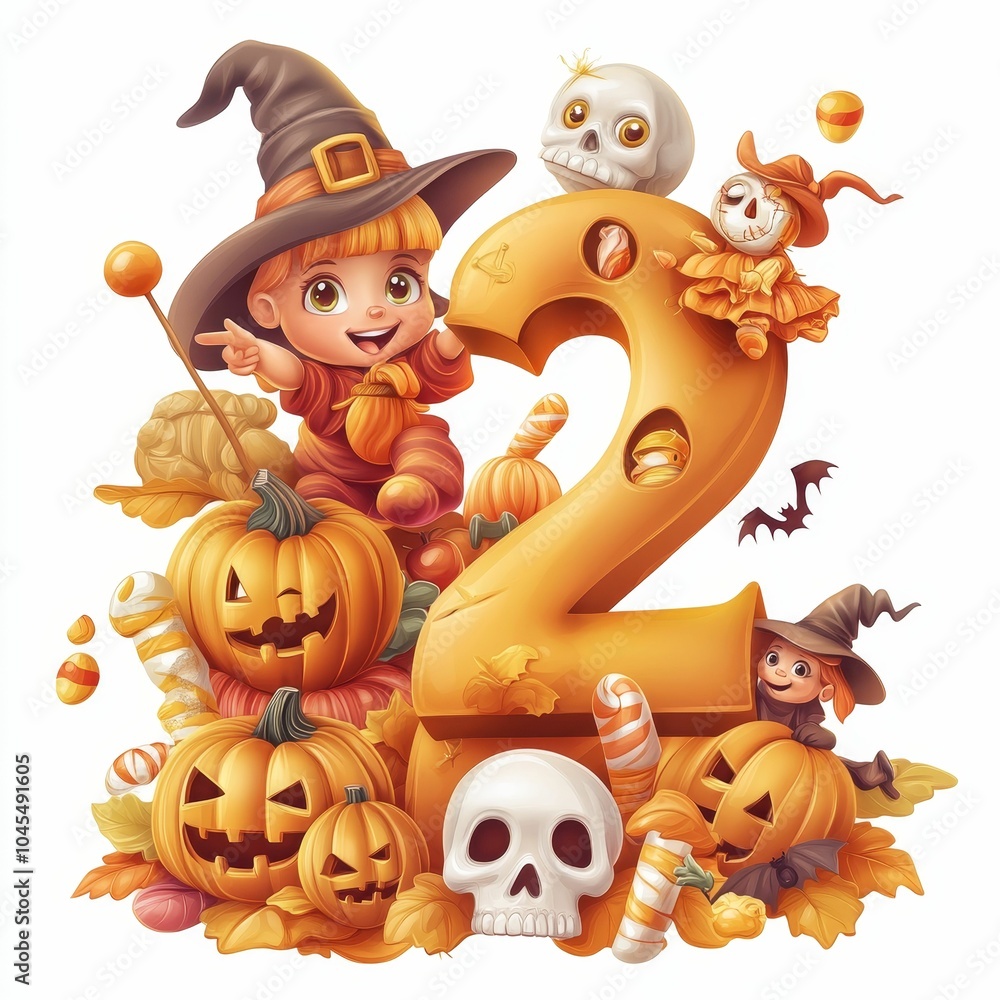 Obraz premium A playful Halloween-themed illustration featuring a child in a witch hat surrounded by pumpkins, a skull, and festive decor emphasizing the number two.