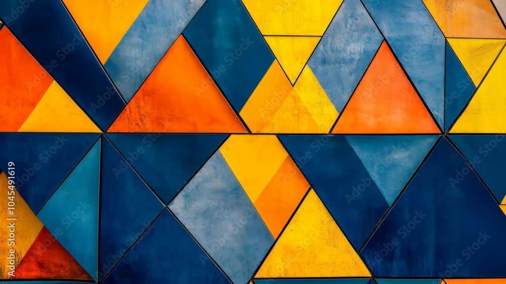 A close-up view of a wall covered in bright blue, yellow, and orange triangular tiles A close-up view of a wall covered in bright blue, yellow, and orange triangular tiles