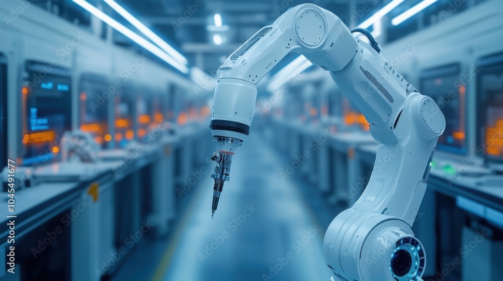 Robot arms work efficiently on a production line, assembling components in a highly automated smart factory equipped with advanced technology. Robot arms work efficiently on a production line, assembling components in a highly automated smart factory equipped with advanced technology.