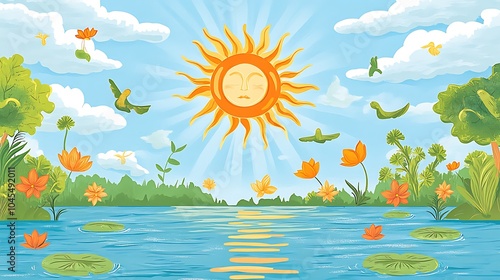 Vibrant Nature Scene with Sun and Water Elements