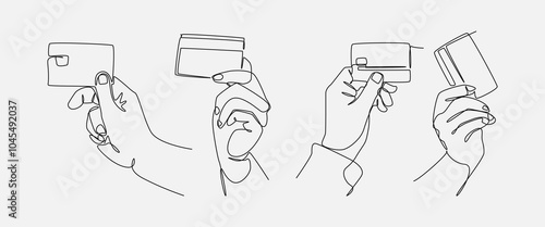 Set collection of hands holding credit card in continuous one line drawing style. Editable line. Vector illustration.