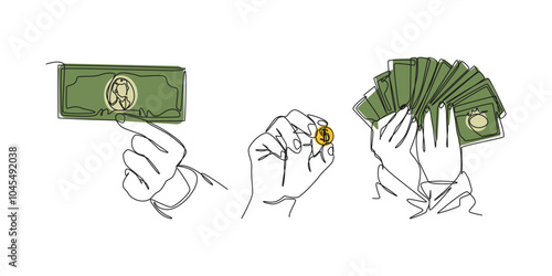 Set continuous one line drawing of hand holding money, banknote, and coin. Editable line and colored vector illustration.