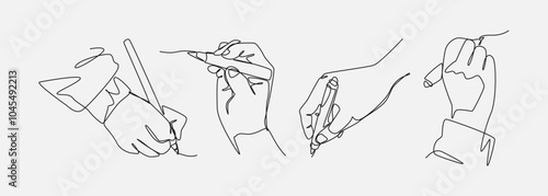 Hands holding stationery with continuous one line drawing style. Writing, drawing, taking note. Editable line. Vector illustration.