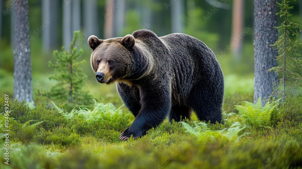 A large brown bear walks through a lush green forest, its fur blending in with the surrounding foliage. A large brown bear walks through a lush green forest, its fur blending in with the surrounding foliage.
