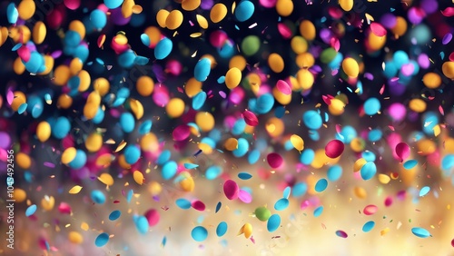 Colorful confetti falling against a dark background, creating a festive atmosphere.