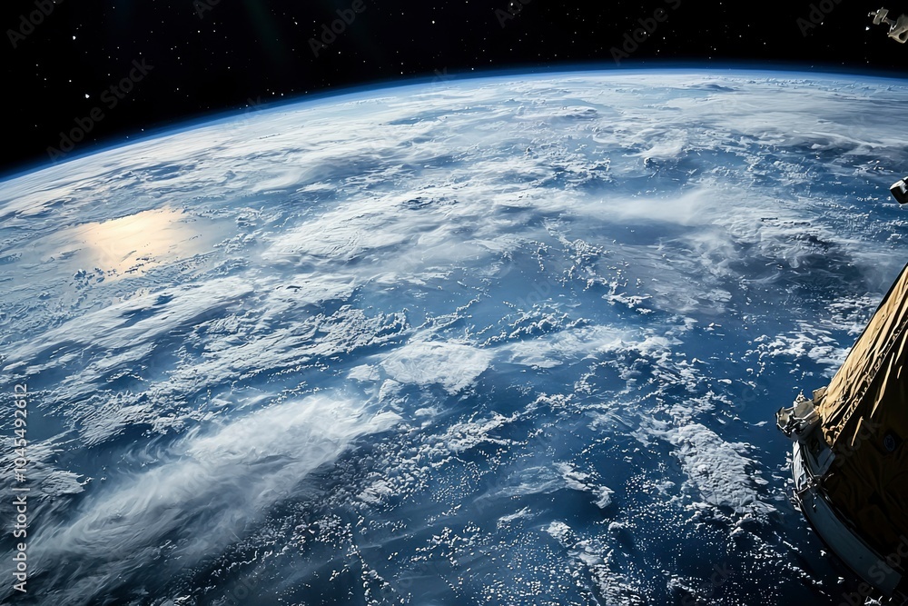 Earth's Atmosphere Viewed from Space with a Glimpse of Sunlight Reflecting off a Body of Water Earth's Atmosphere Viewed from Space with a Glimpse of Sunlight Reflecting off a Body of Water