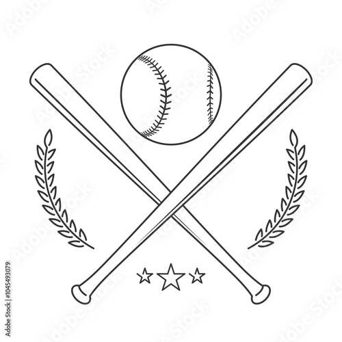 Baseball or Softball Logo With Crossed Bats, a Ball and Laurels in Outline Style
