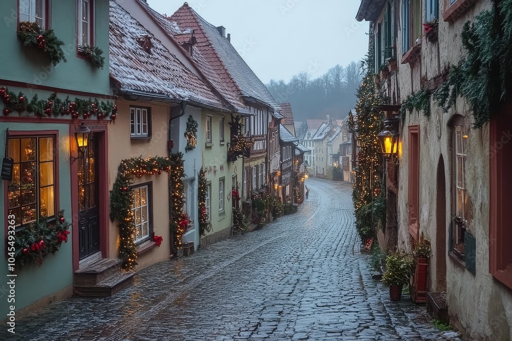 Fototapeta premium Charming German town with cobblestone streets and buildings beautifully decorated for Christmas, illuminated by evening light.