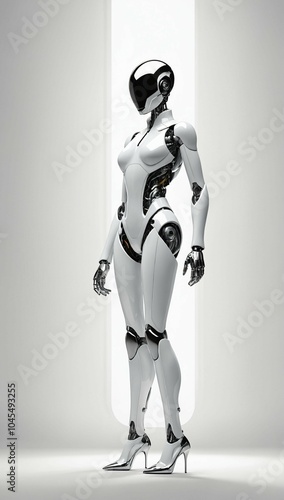 full-length view of a metallic humanoid robot with arms on gray background