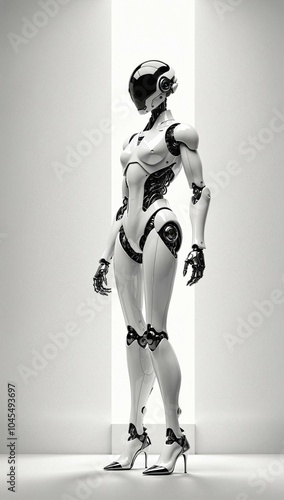 high-tech android robot with detailed metal body standing on gray background
