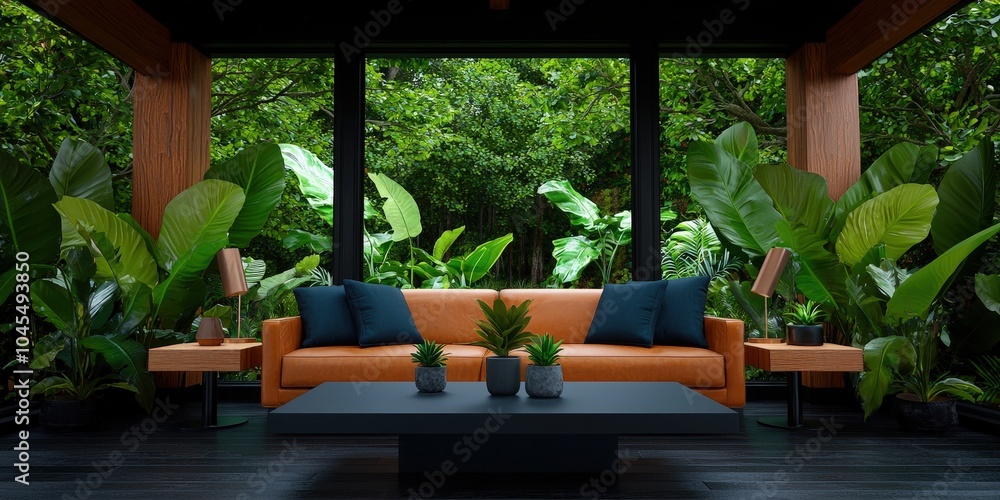 Modern Living Room with Leather Sofa and Tropical Plants Large Windows Interior Design Modern Living Room with Leather Sofa and Tropical Plants Large Windows Interior Design