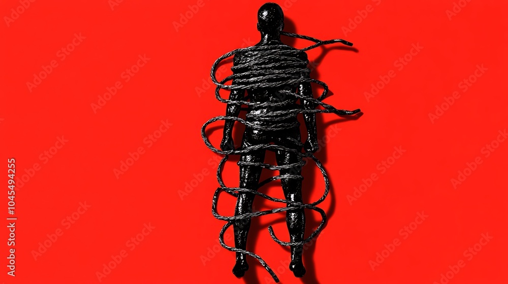 Minimalist Human Figure with Rope on Red Background Minimalist Human Figure with Rope on Red Background