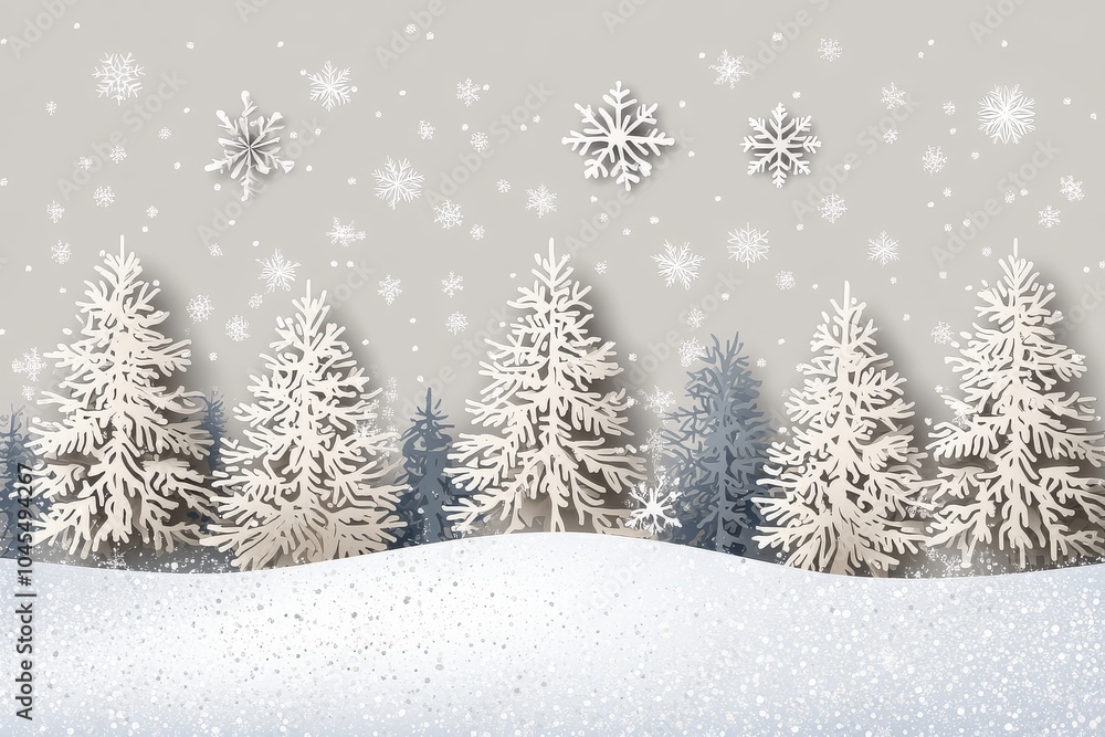 Fototapeta premium Light gray background with falling snowflakes and white trees, creating a festive winter atmosphere, perfect for Christmas cards and social media posts.