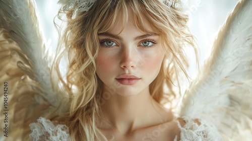 divinely portrayed angel with soft features and luminous wings against a pure white background emanating a sense of peace hope and otherworldly grace capturing the essence of celestial beings