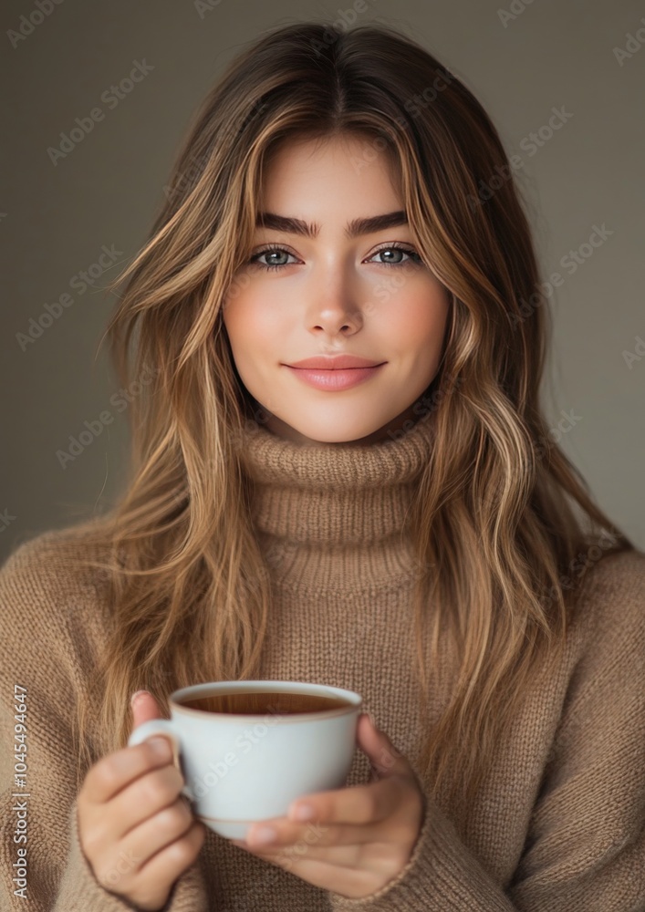 custom made wallpaper toronto digitalyoung attractive woman with a light brown turtleneck sweater holds a cup of tea in her hands and looks slightly smiling into the camera, cold season