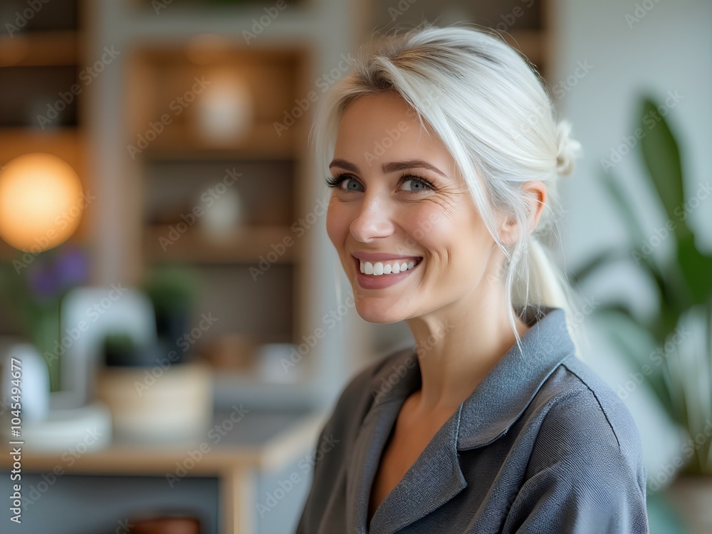portrait of a woman smiling - Smiling Professional Woman in Modern Workspace: Positive Workplace Atmosphere and Confidence portrait of a woman smiling - Smiling Professional Woman in Modern Workspace: Positive Workplace Atmosphere and Confidence