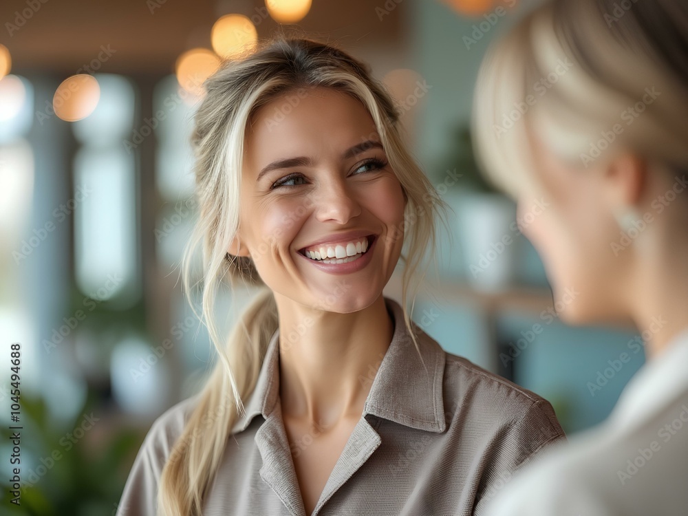 portrait of a businesswoman - Smiling Woman in Casual Conversation: Friendly Interaction and Positive Atmosphere portrait of a businesswoman - Smiling Woman in Casual Conversation: Friendly Interaction and Positive Atmosphere