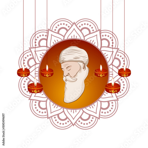 Vector illustration of Guru Nanak portrait with hanging diya on transparent background