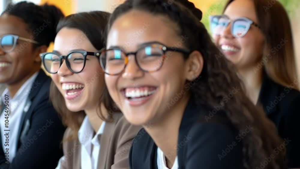 A joyful group of friends sharing laughter during a lively discussion in a bright, modern office setting. Businesswoman with glasses laughing with coworkers at an office meeting A joyful group of friends sharing laughter during a lively discussion in a bright, modern office setting. Businesswoman with glasses laughing with coworkers at an office meeting