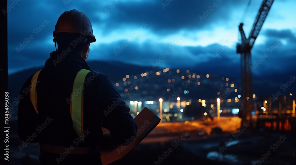 A construction worker in a hard hat and safety vest stands at a construction site at night, looking out at the cityscape in the distance. A construction worker in a hard hat and safety vest stands at a construction site at night, looking out at the cityscape in the distance.