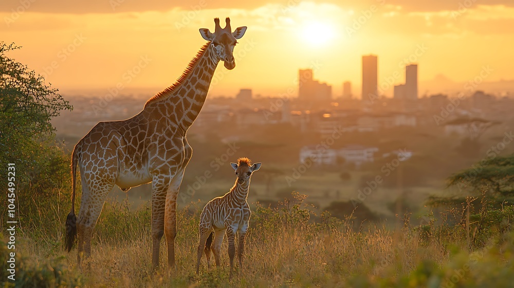 Obraz premium A mother giraffe and her calf stand in the foreground with a city skyline in the background, bathed in the golden light of a setting sun.